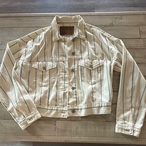 American Eagle White Denim Jacket – Blue Stripes – Adjustable Waist – Size XS